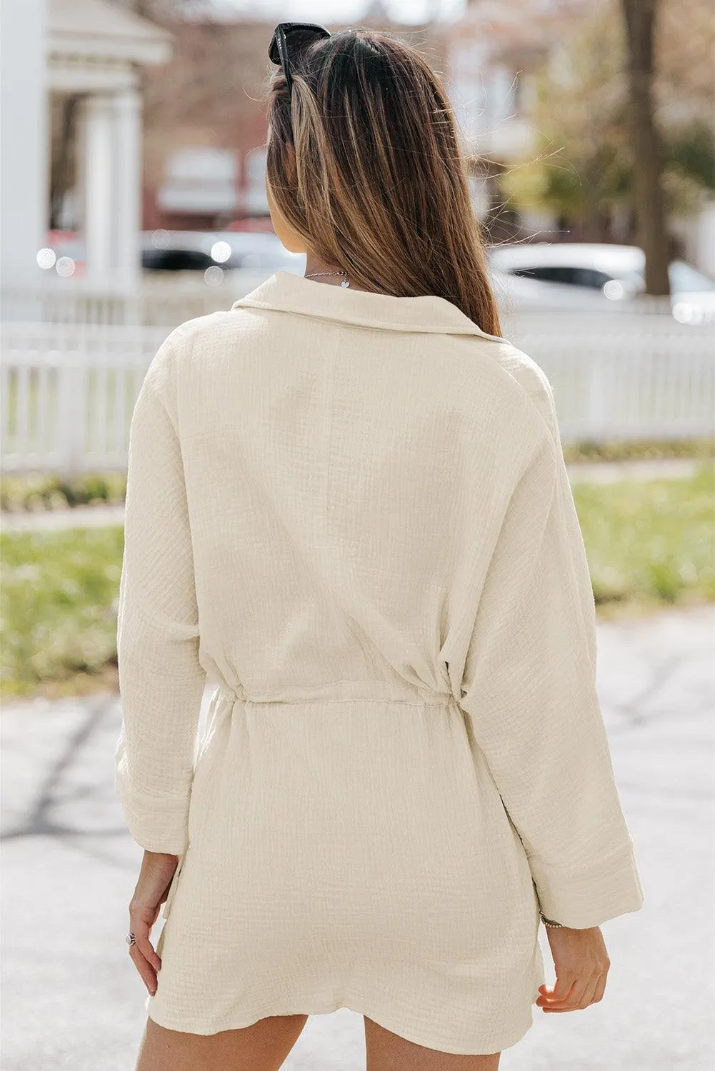Neutral Tone Buttoned Long Sleeve Collared Mini Dress