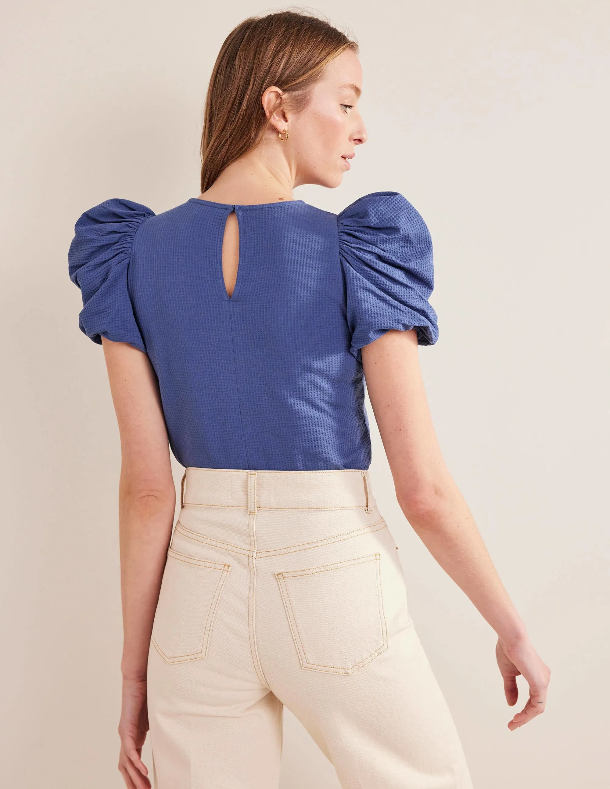 Puff Sleeve Jersey Top-True Navy
