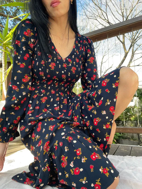 Sierra Black Print Long-Sleeved Dress