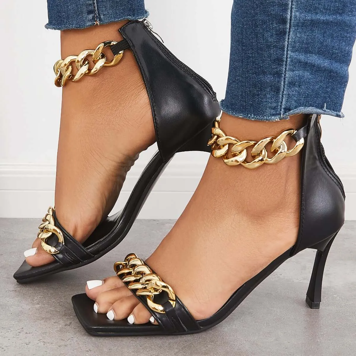 Sohiwoo Women Square Toe Stiletto Heels Metal Chain Strap Ankle Sandals