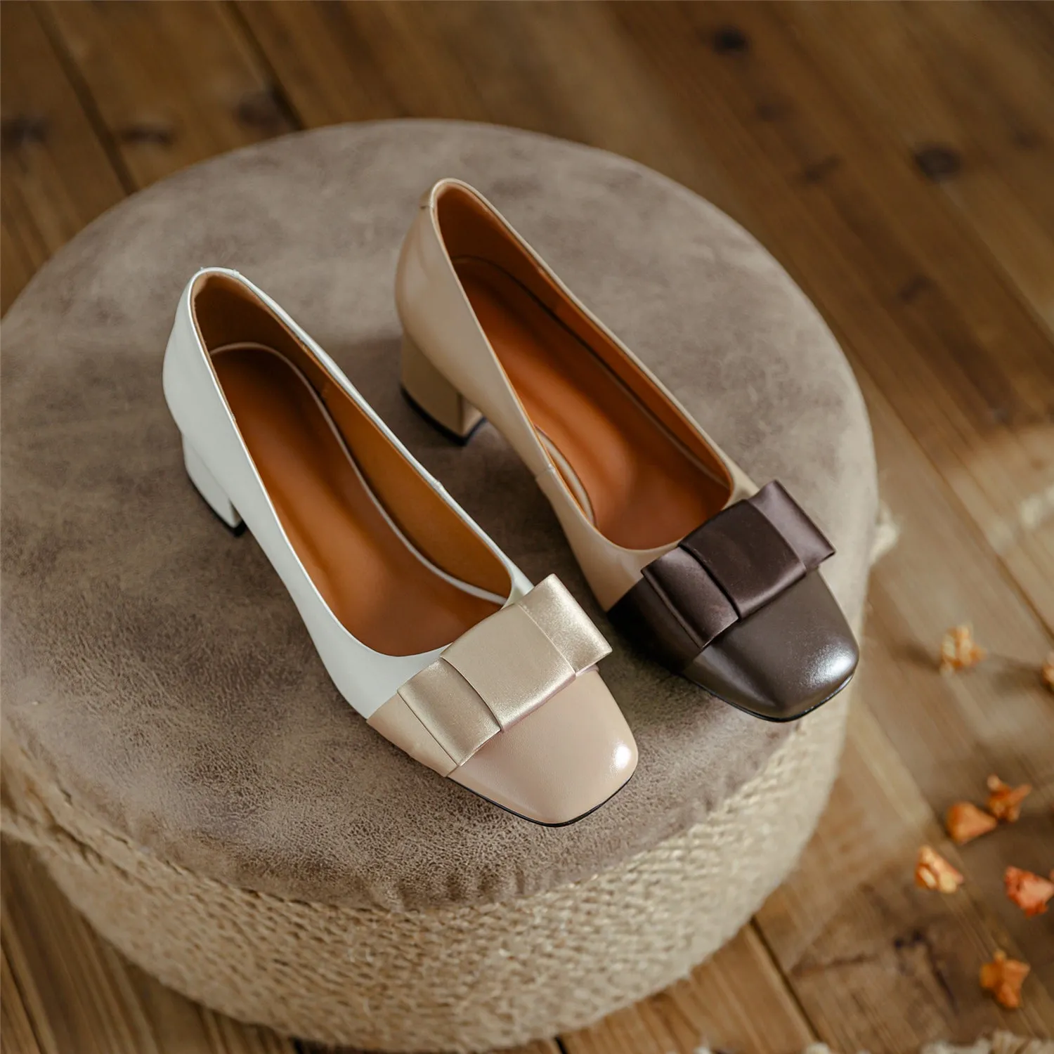 TinaCus Genuine Leather Women's Handmade Square Toe Block Heel Assorted Color Loafer Pumps Shoes with Bowknot