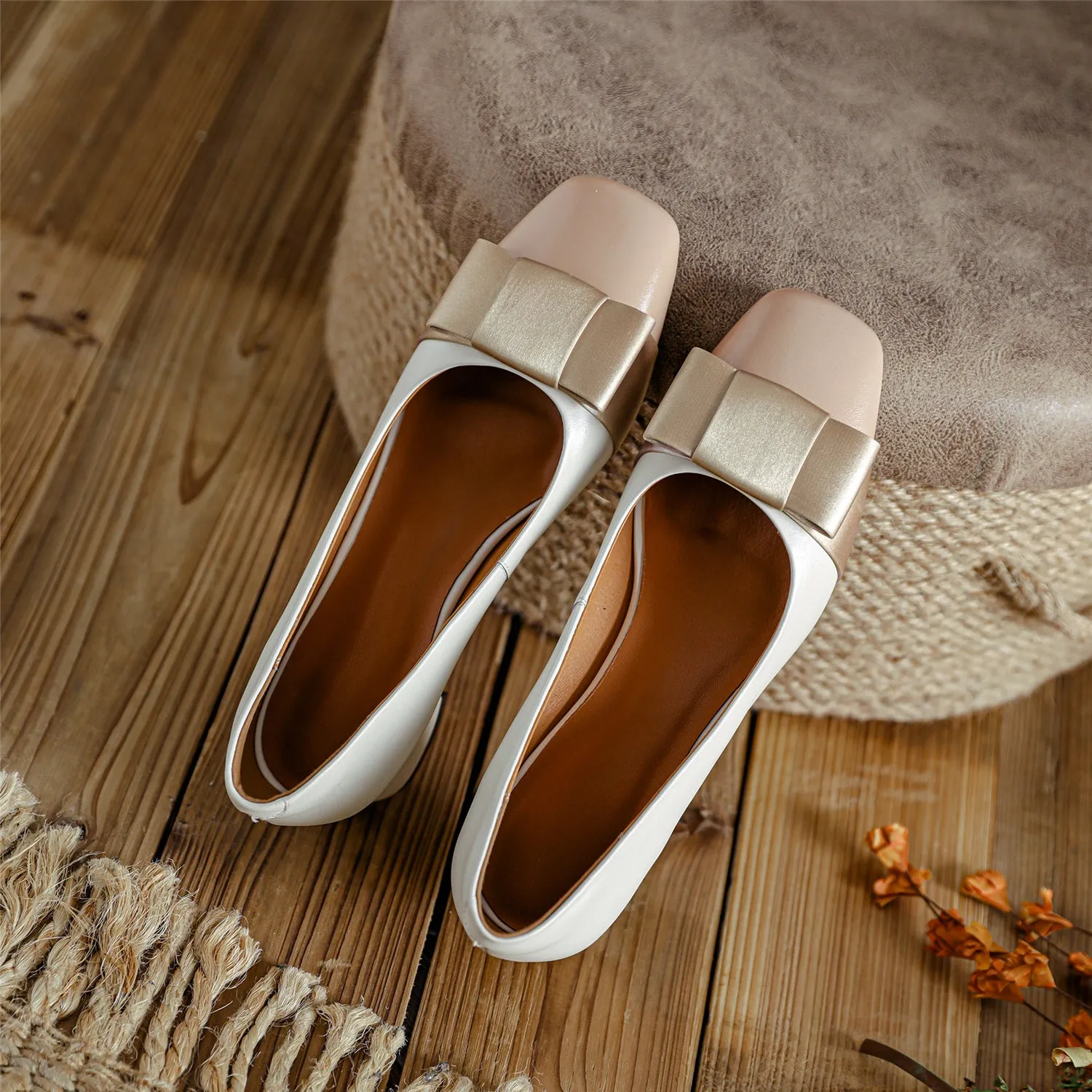 TinaCus Genuine Leather Women's Handmade Square Toe Block Heel Assorted Color Loafer Pumps Shoes with Bowknot