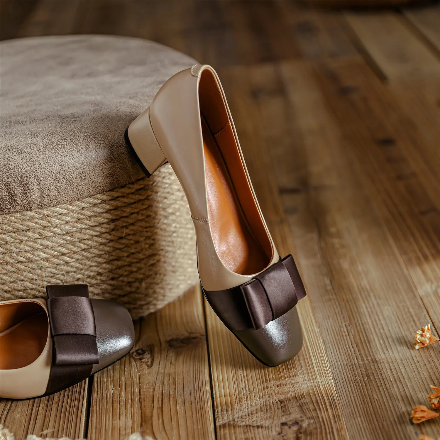 TinaCus Genuine Leather Women's Handmade Square Toe Block Heel Assorted Color Loafer Pumps Shoes with Bowknot