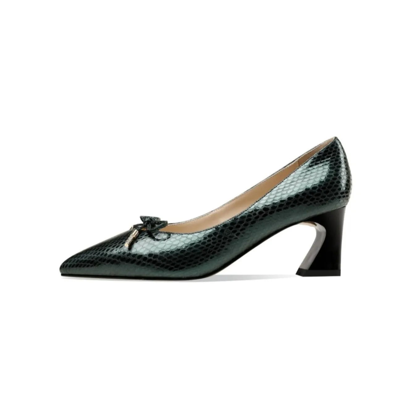 TinaCus Handmade Women's Embossed Genuine Leather Cute Bowtie Mid Spool Heel Pointed Toe Elegant Pumps