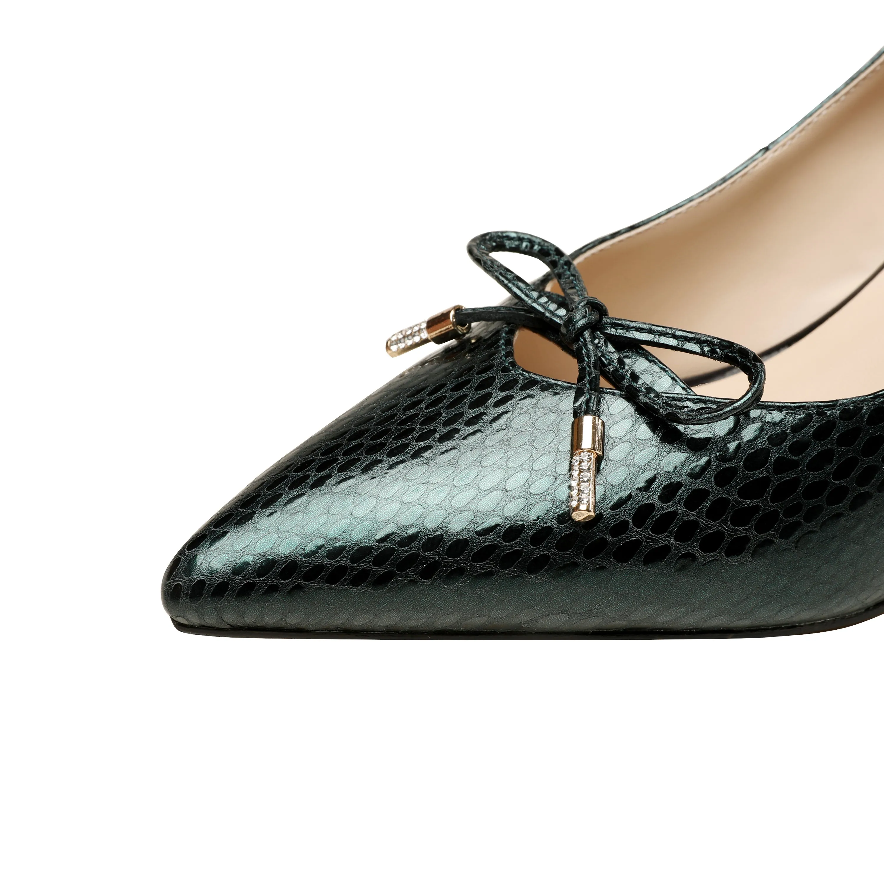 TinaCus Handmade Women's Embossed Genuine Leather Cute Bowtie Mid Spool Heel Pointed Toe Elegant Pumps