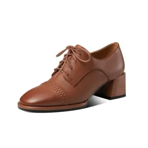 TinaCus Women's Genuine Leather Handmade Block Heel Lace Up Oxford Pumps