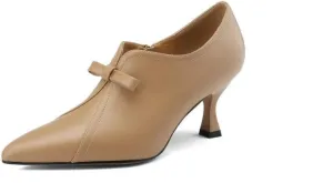 TinaCus Women's Genuine Leather Handmade Pointed Toe Bowtie Side Zipper Kitten Heel Office Pumps Shoes