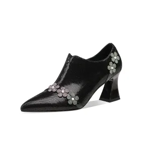 TinaCus Women's Pointed Toe Genuine Leather Handmade Flower Décor Side Zip Up Mid Chunky Heels Shoes