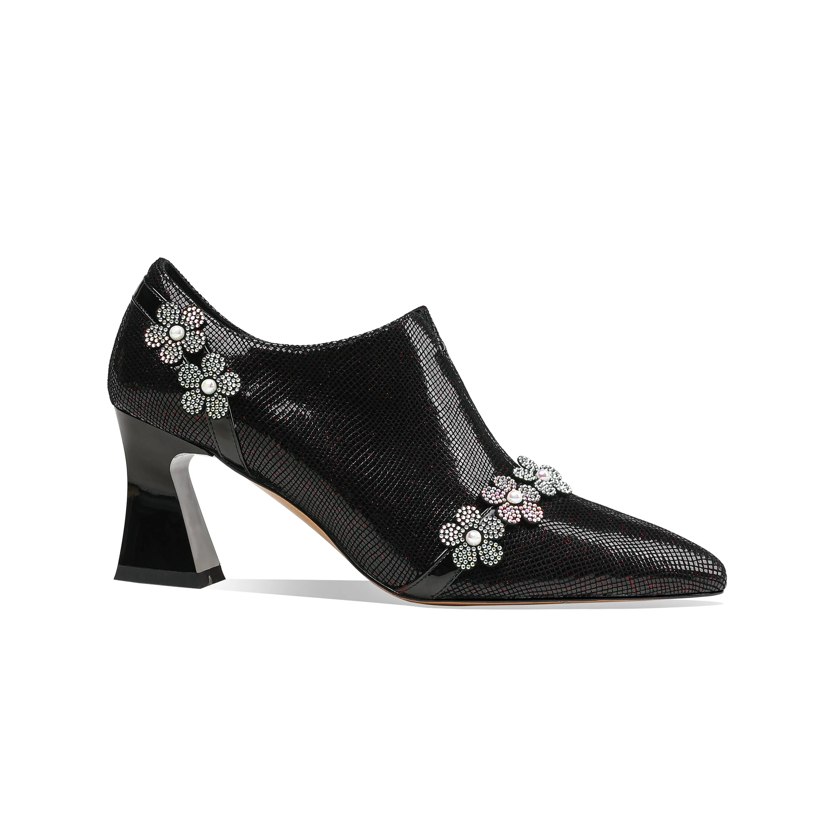 TinaCus Women's Pointed Toe Genuine Leather Handmade Flower Décor Side Zip Up Mid Chunky Heels Shoes