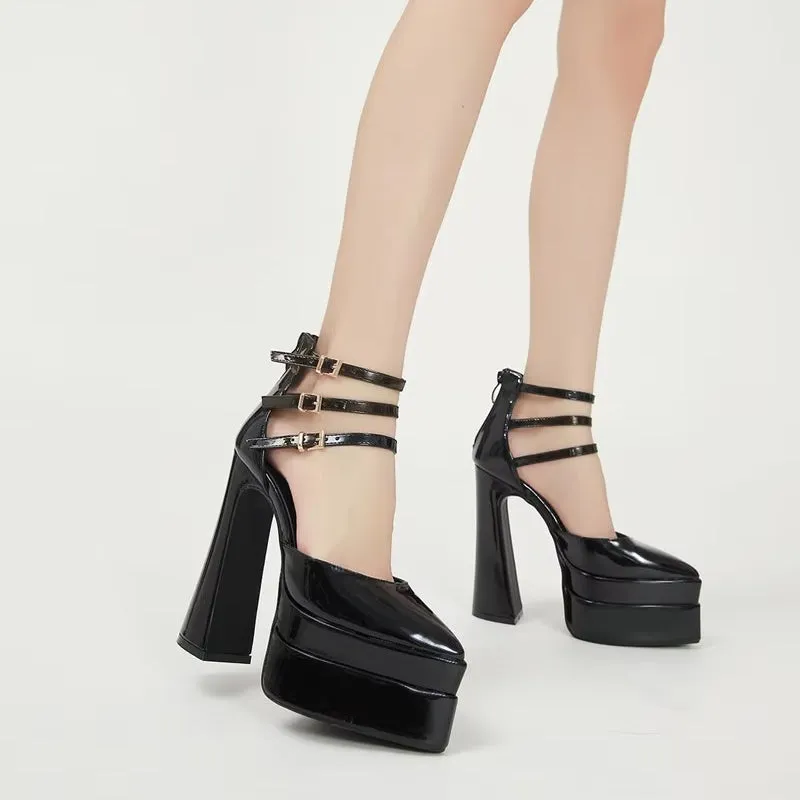 Trendy Chic Closed Toe Ankle Straps High Heels Shoes