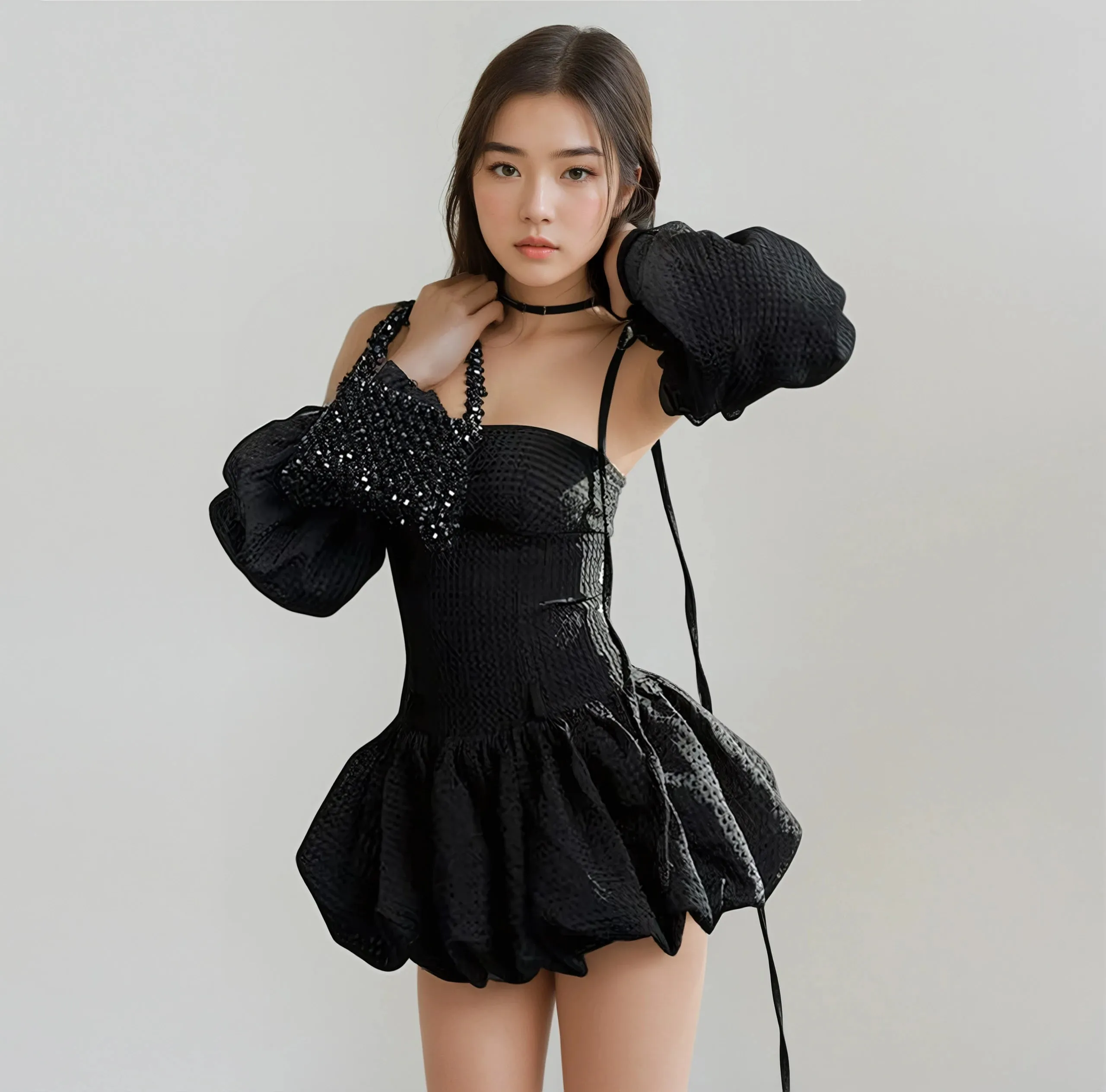 Tube Balloon Mini Dress with Detachable Puff Sleeves
