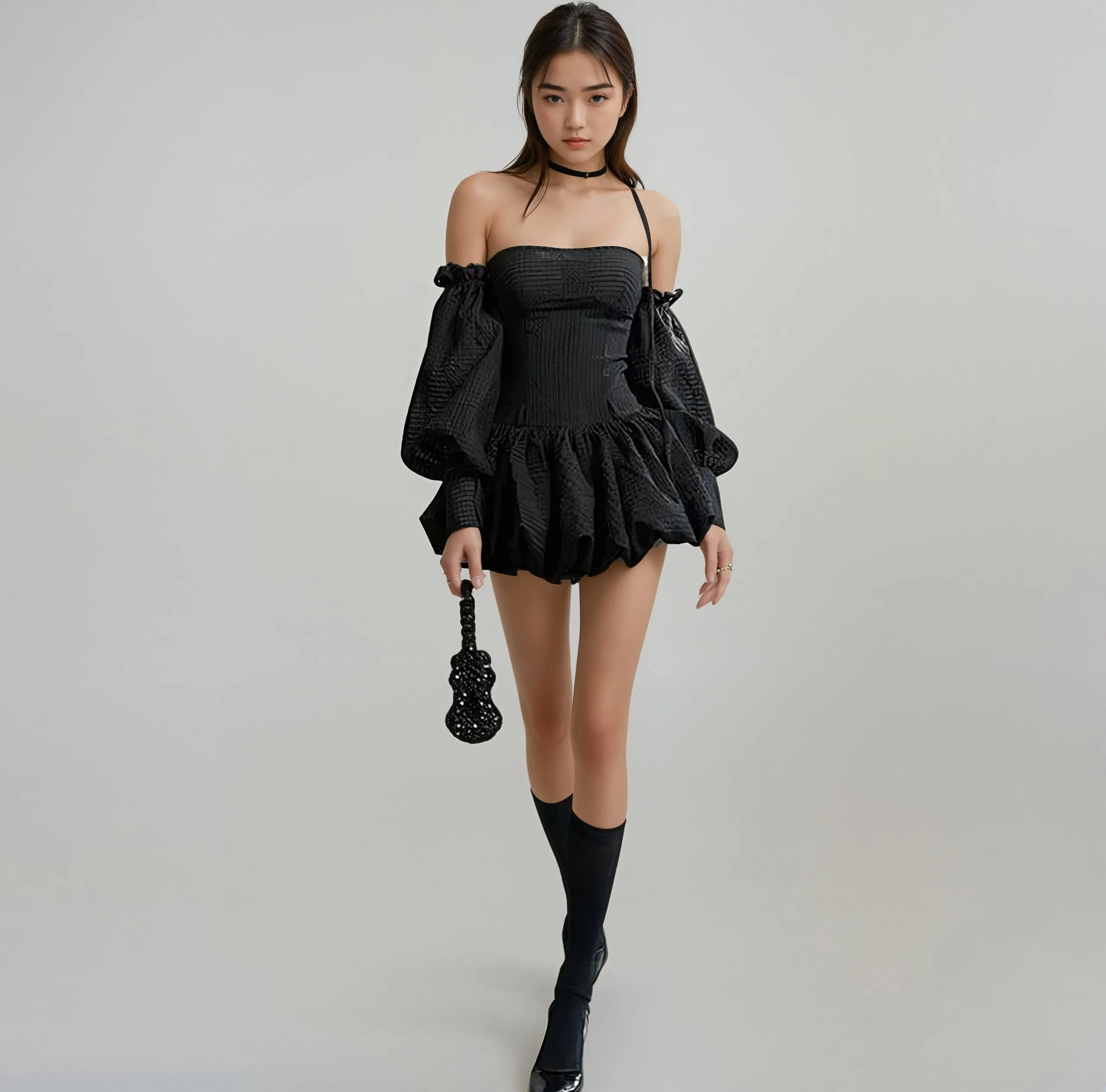 Tube Balloon Mini Dress with Detachable Puff Sleeves
