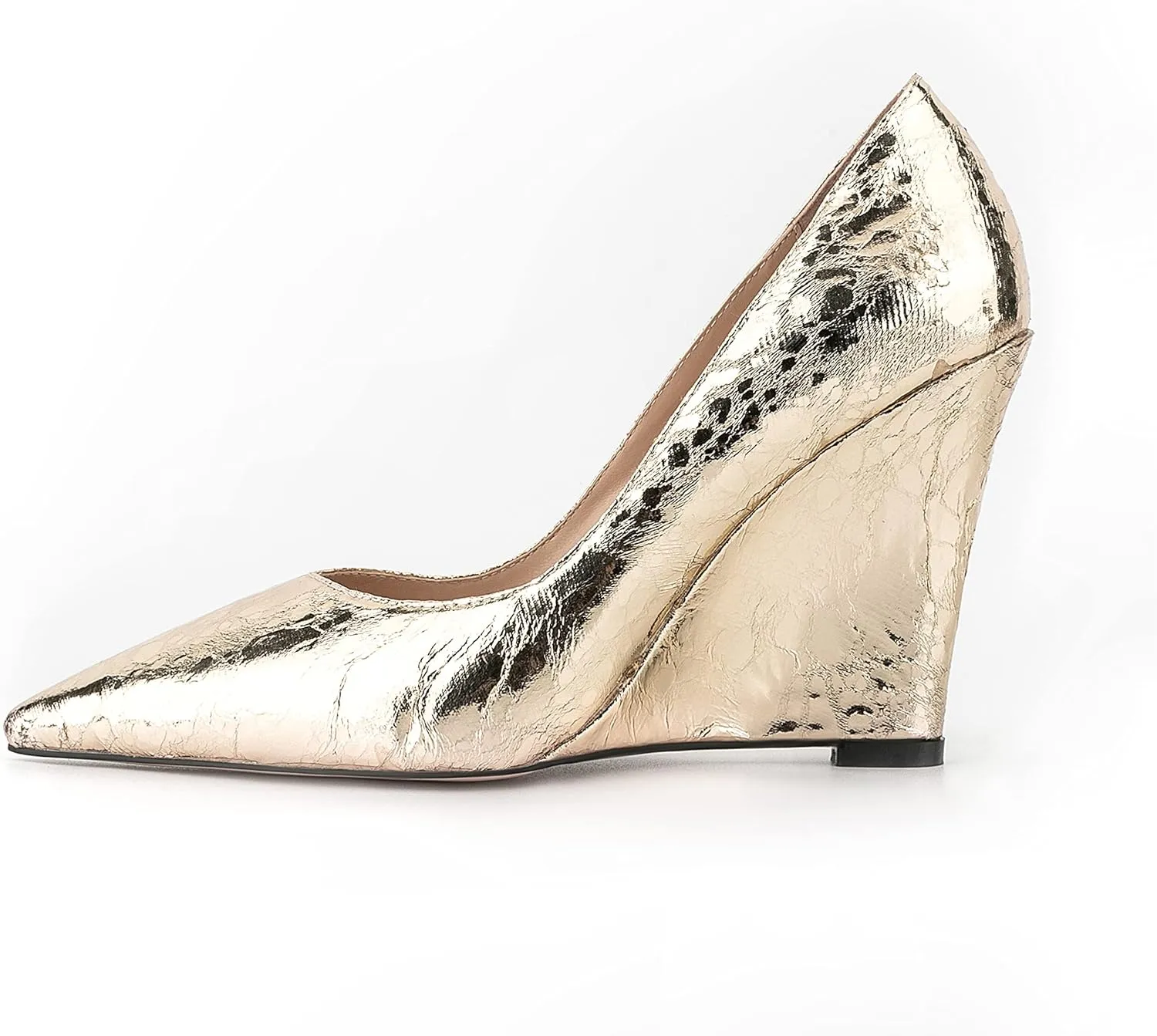 Women Shiny Patent Vegan Leather Wedge Shoes Pointed Slide Dress High Heel Shoes for Party