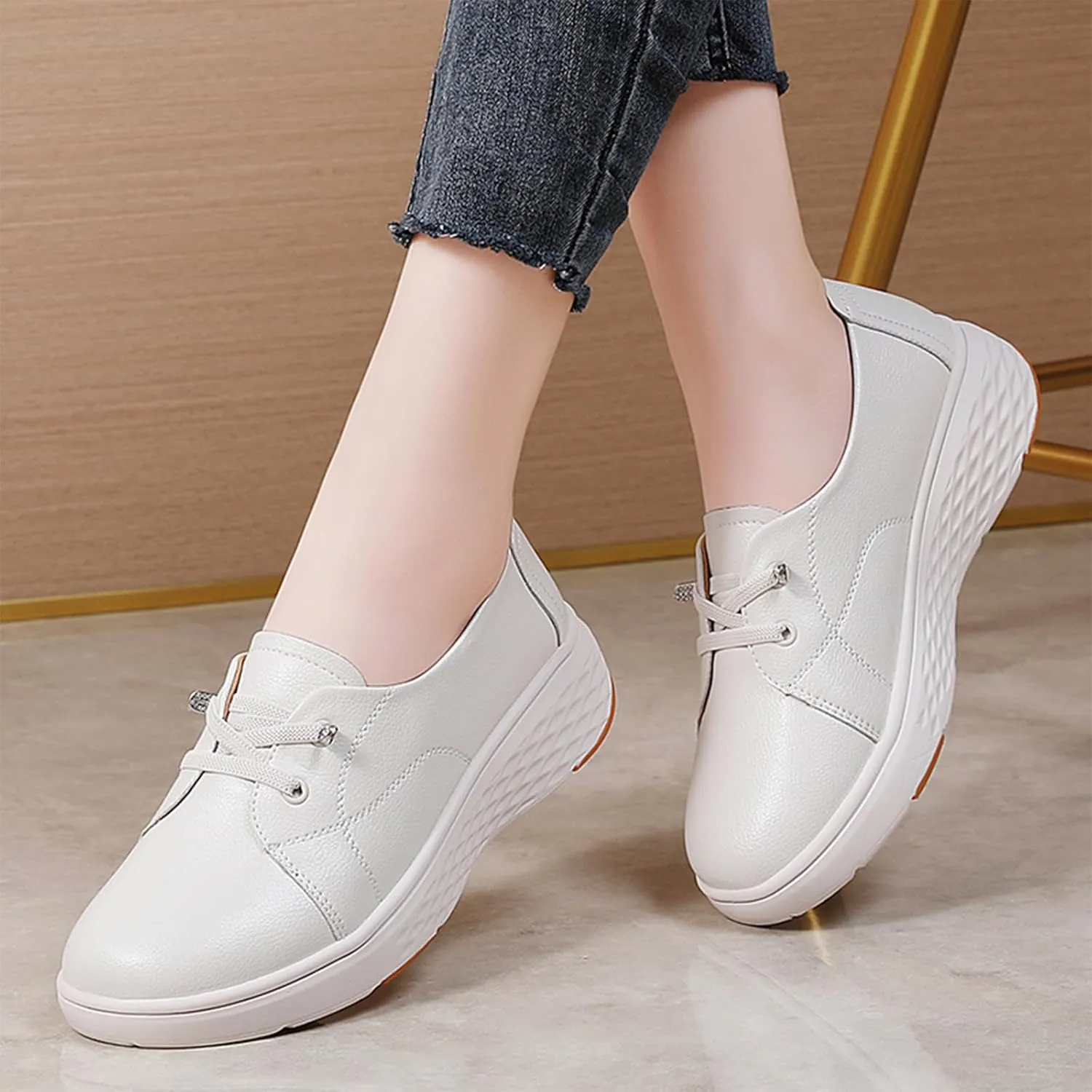 Women's Leather Platform Casual Walking Shoes Comfortable Round Toe Slip On Lightweight Non Slip Sneakers for Walking Workout Driving Loafers