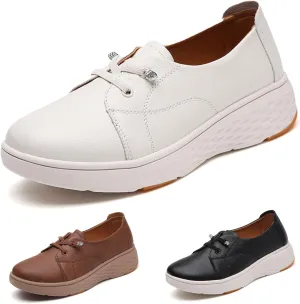 Women's Leather Platform Casual Walking Shoes Comfortable Round Toe Slip On Lightweight Non Slip Sneakers for Walking Workout Driving Loafers