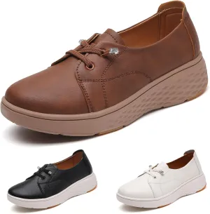 Women's Leather Platform Casual Walking Shoes Comfortable Round Toe Slip On Lightweight Non Slip Sneakers for Walking Workout Driving Loafers