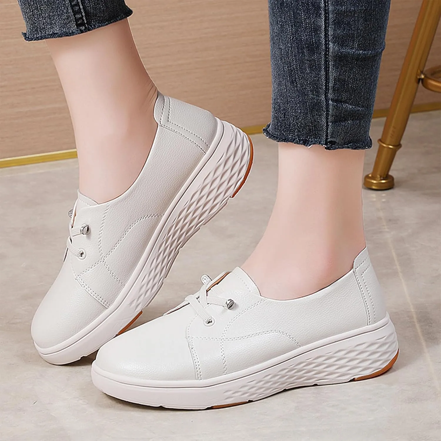 Women's Leather Platform Casual Walking Shoes Comfortable Round Toe Slip On Lightweight Non Slip Sneakers for Walking Workout Driving Loafers