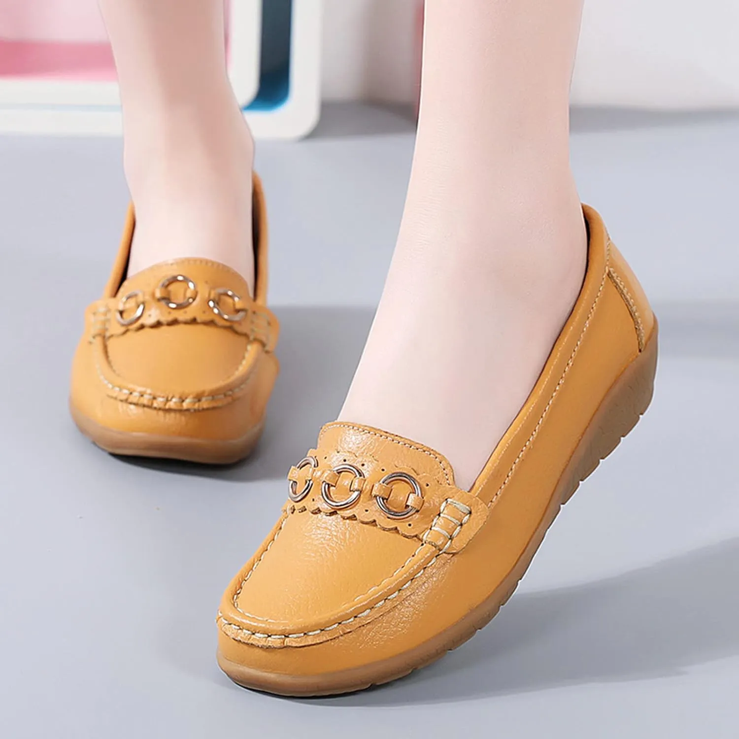 Womens Loafers Comfortable Dressy Leather Penny Loafers Slip On Walking Shoes Cushion Orthopedic Shoes Arch Support