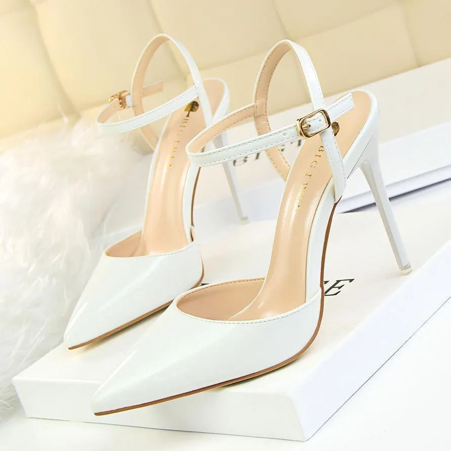 Women's Patent Leather Stiletto Heel Closed Toe Pumps with Buckle