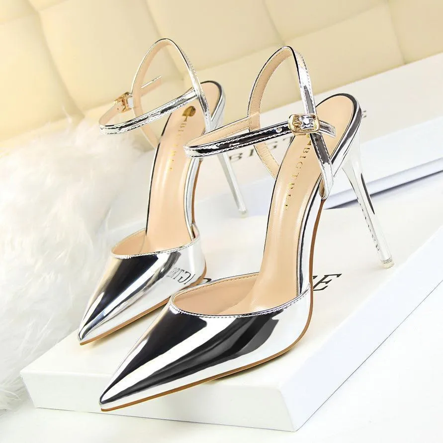 Women's Patent Leather Stiletto Heel Closed Toe Pumps with Buckle