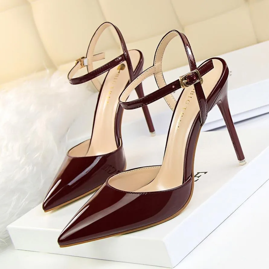 Women's Patent Leather Stiletto Heel Closed Toe Pumps with Buckle