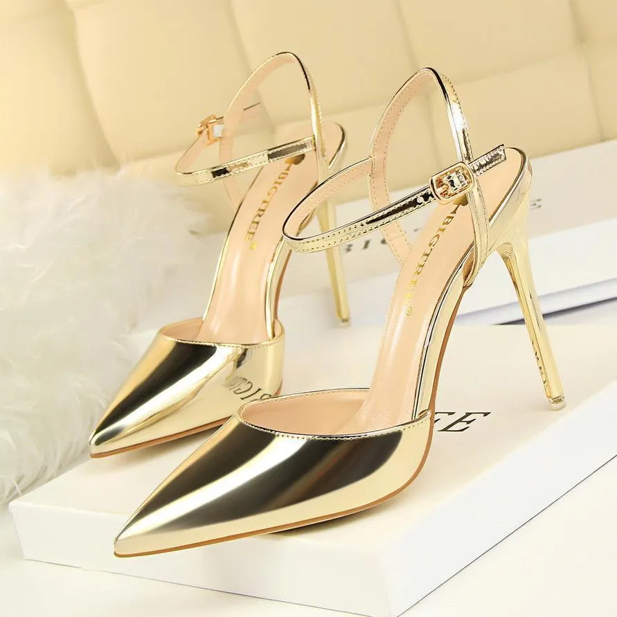 Women's Patent Leather Stiletto Heel Closed Toe Pumps with Buckle