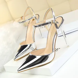 Women's Patent Leather Stiletto Heel Closed Toe Pumps with Buckle