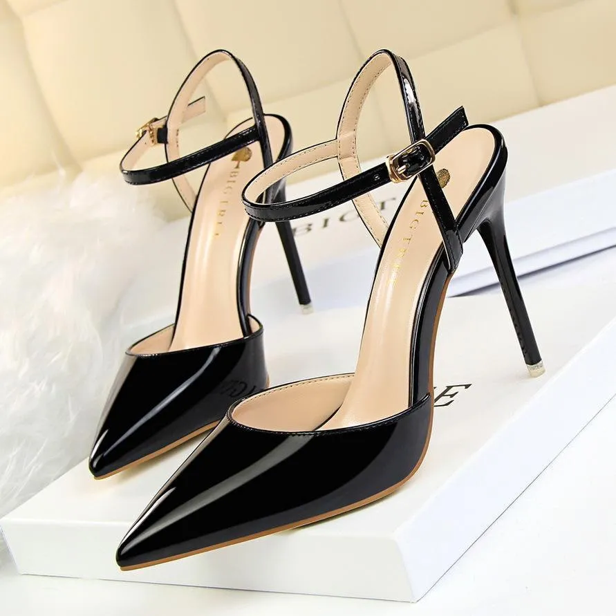 Women's Patent Leather Stiletto Heel Closed Toe Pumps with Buckle