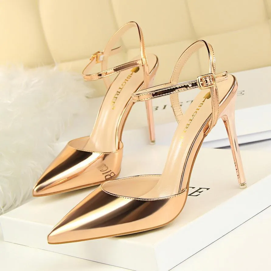 Women's Patent Leather Stiletto Heel Closed Toe Pumps with Buckle