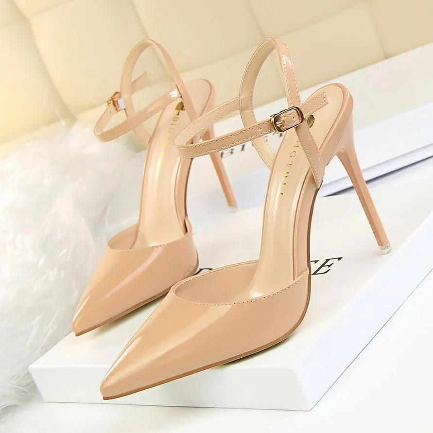 Women's Patent Leather Stiletto Heel Closed Toe Pumps with Buckle