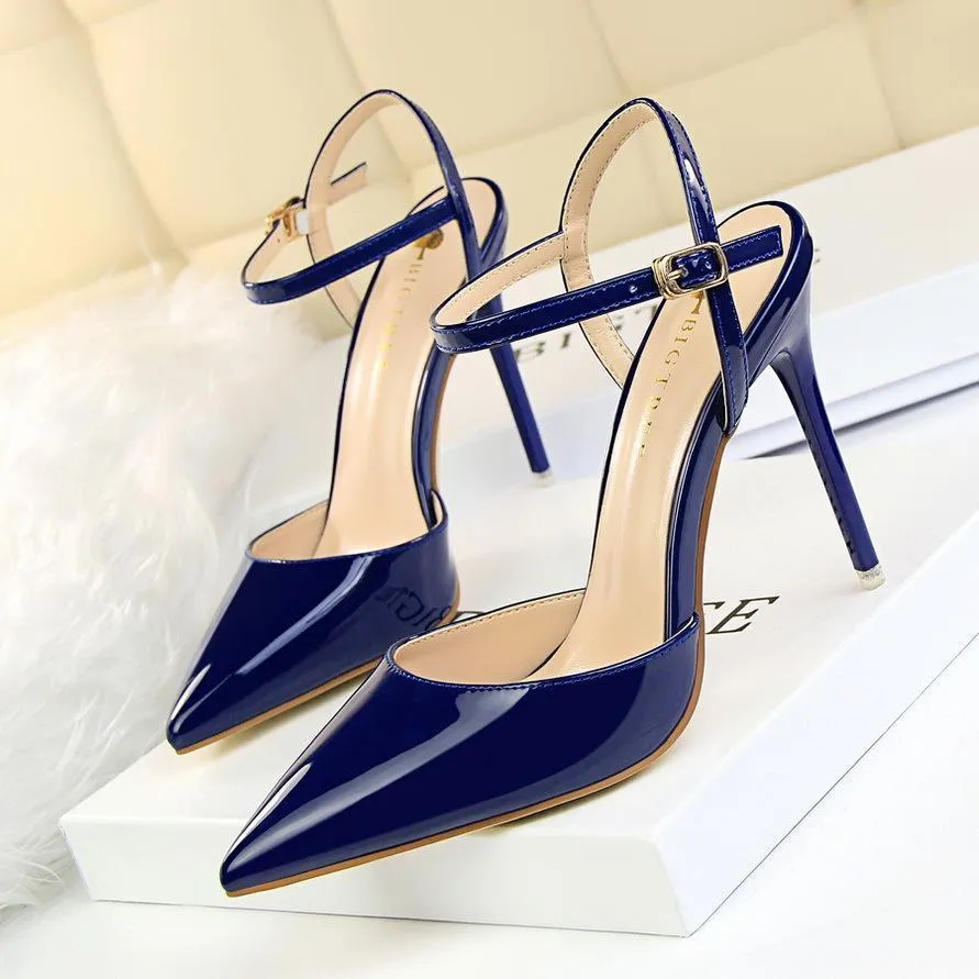 Women's Patent Leather Stiletto Heel Closed Toe Pumps with Buckle