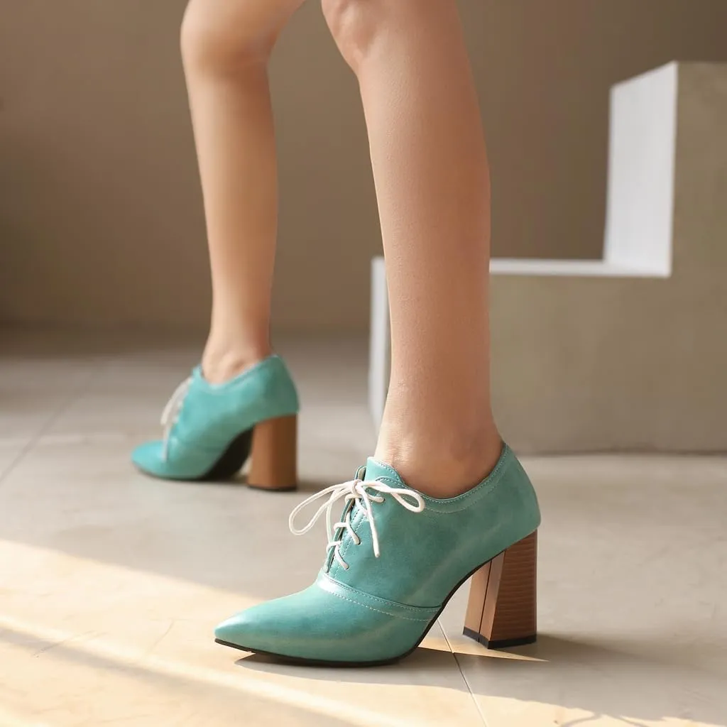 Women's Pointed Toe Chunky Stacked High Heels Pumps Shoes Lace Up Casual Comfort Work Office Dress Shoe