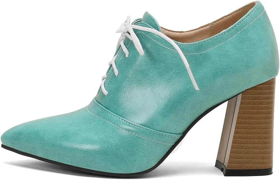 Women's Pointed Toe Chunky Stacked High Heels Pumps Shoes Lace Up Casual Comfort Work Office Dress Shoe