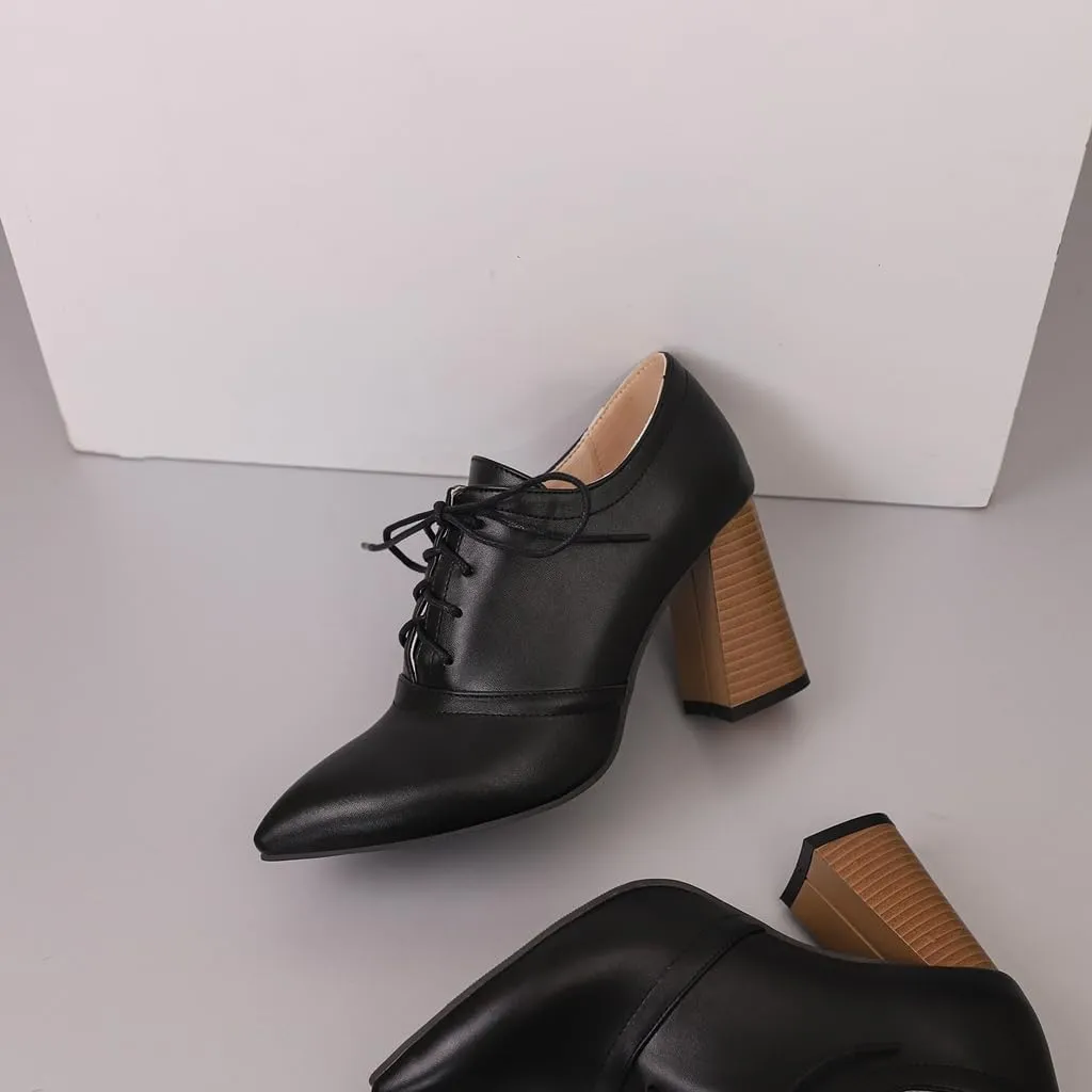 Women's Pointed Toe Chunky Stacked High Heels Pumps Shoes Lace Up Casual Comfort Work Office Dress Shoe