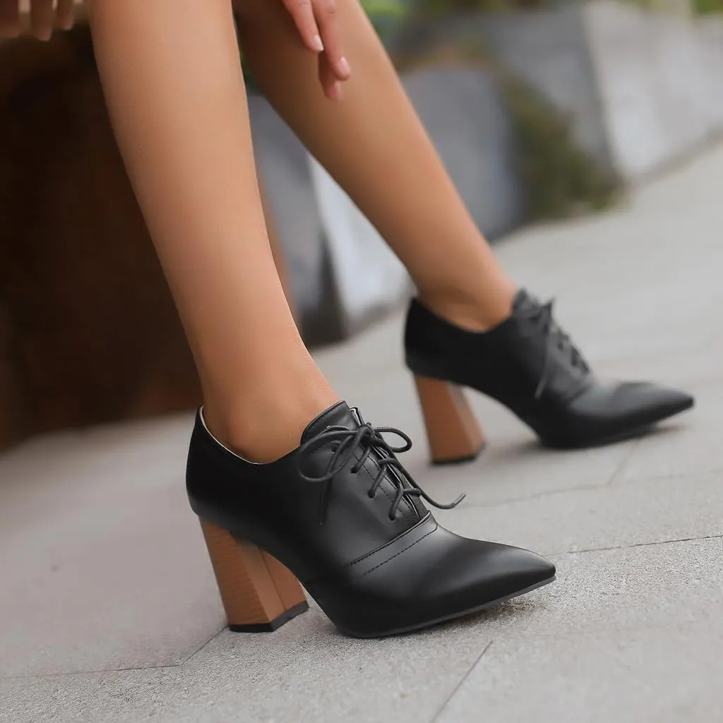 Women's Pointed Toe Chunky Stacked High Heels Pumps Shoes Lace Up Casual Comfort Work Office Dress Shoe