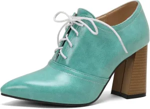 Women's Pointed Toe Chunky Stacked High Heels Pumps Shoes Lace Up Casual Comfort Work Office Dress Shoe