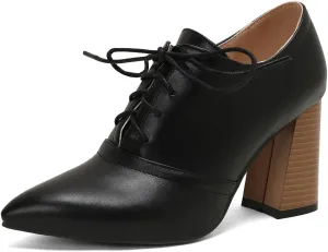 Women's Pointed Toe Chunky Stacked High Heels Pumps Shoes Lace Up Casual Comfort Work Office Dress Shoe