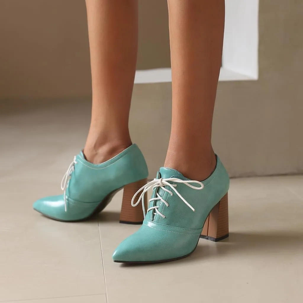 Women's Pointed Toe Chunky Stacked High Heels Pumps Shoes Lace Up Casual Comfort Work Office Dress Shoe