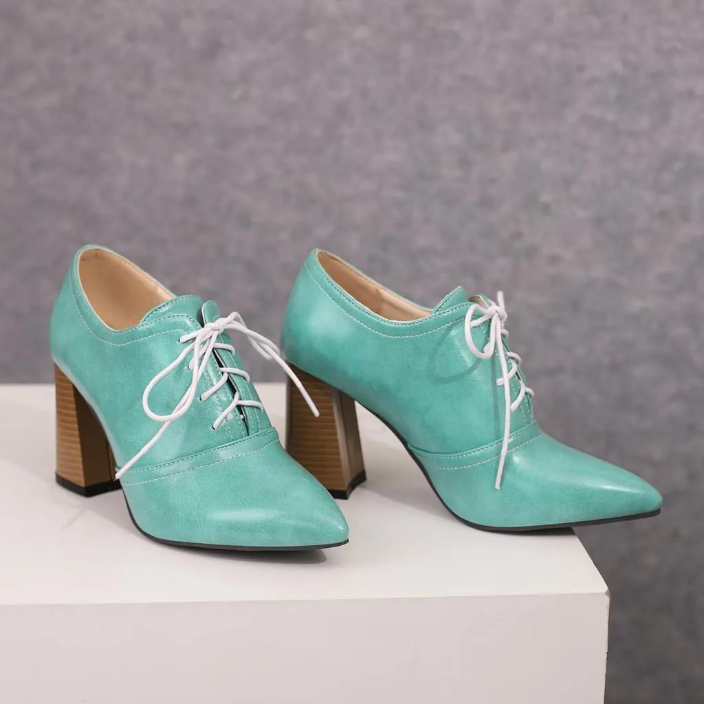 Women's Pointed Toe Chunky Stacked High Heels Pumps Shoes Lace Up Casual Comfort Work Office Dress Shoe