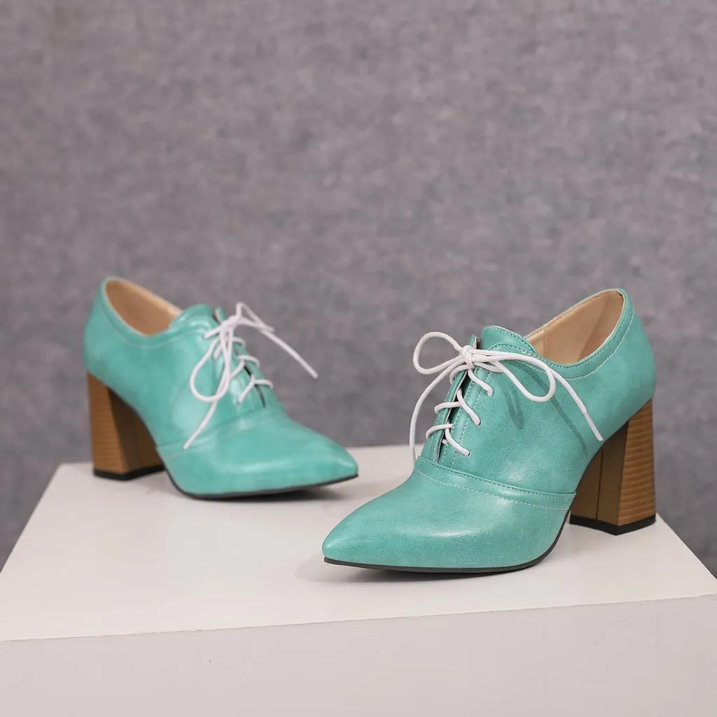 Women's Pointed Toe Chunky Stacked High Heels Pumps Shoes Lace Up Casual Comfort Work Office Dress Shoe