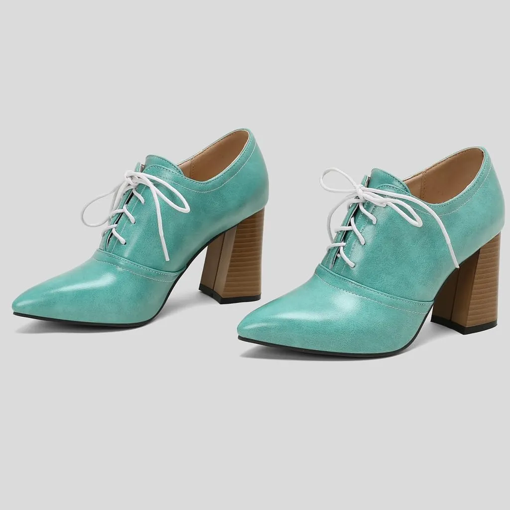 Women's Pointed Toe Chunky Stacked High Heels Pumps Shoes Lace Up Casual Comfort Work Office Dress Shoe