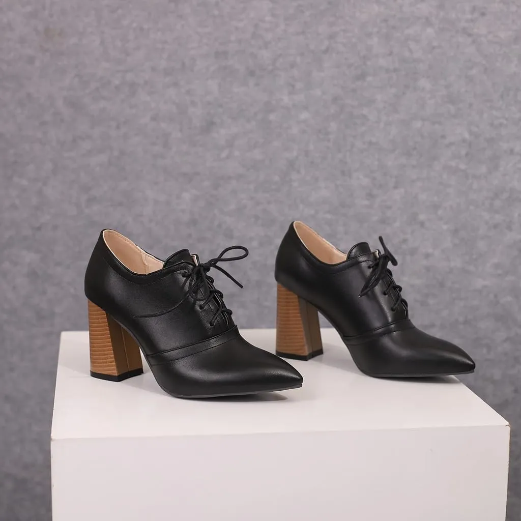 Women's Pointed Toe Chunky Stacked High Heels Pumps Shoes Lace Up Casual Comfort Work Office Dress Shoe