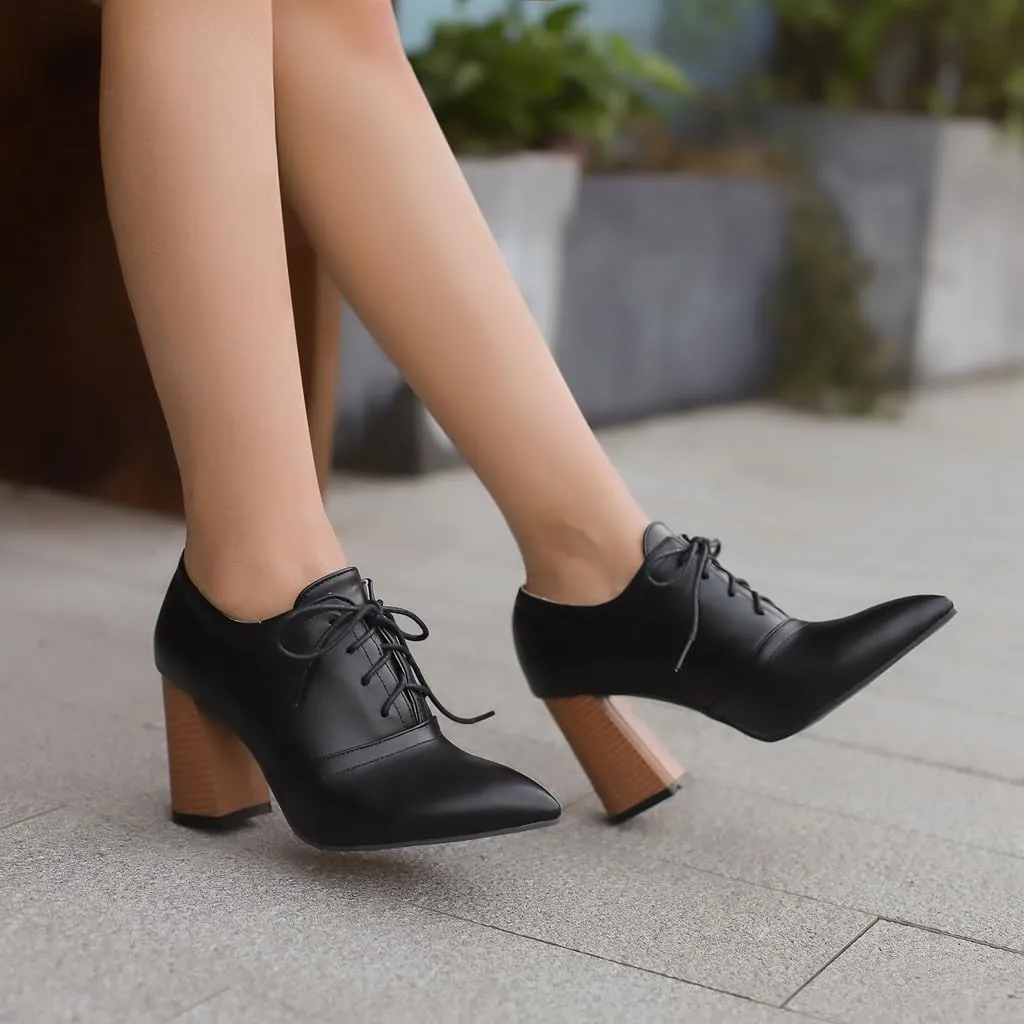 Women's Pointed Toe Chunky Stacked High Heels Pumps Shoes Lace Up Casual Comfort Work Office Dress Shoe