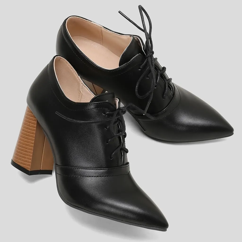 Women's Pointed Toe Chunky Stacked High Heels Pumps Shoes Lace Up Casual Comfort Work Office Dress Shoe