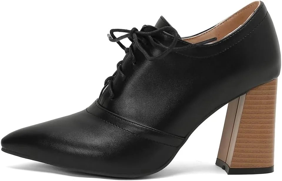 Women's Pointed Toe Chunky Stacked High Heels Pumps Shoes Lace Up Casual Comfort Work Office Dress Shoe