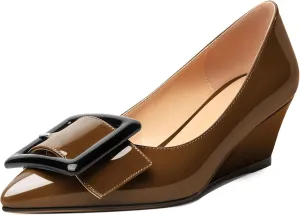 Zamikoo Women Wedge Heel Pumps Low Heel Slip On Pumps 2 Inch Closed Pointy Toe Dress Shoes with Buckle for Work Casual Daily Life Party Dress