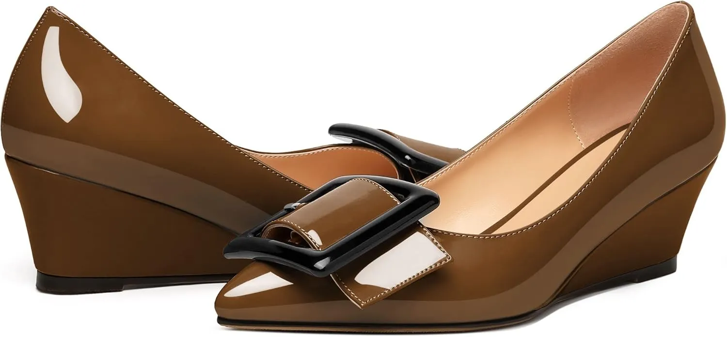 Zamikoo Women Wedge Heel Pumps Low Heel Slip On Pumps 2 Inch Closed Pointy Toe Dress Shoes with Buckle for Work Casual Daily Life Party Dress